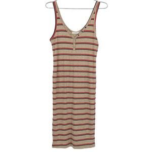 Lush Beige Ribbed Striped V-Neck Tank Midi Dress
